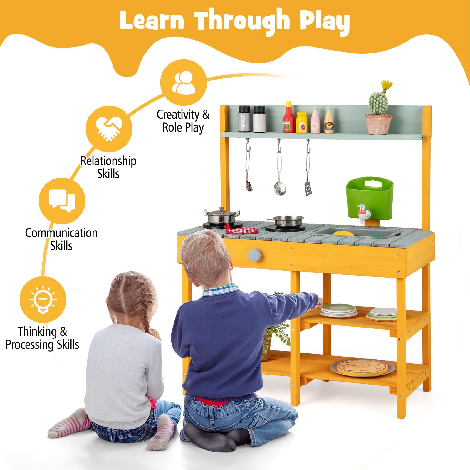HOMASIS Matschküche Kinder Outdoor, Kinderküche mit Spüle Herd, Spielküche aus Holz, Spielzeugküche mit 3 Haken & Regalen, Holzküche Gartenküche für Kinder ab 3 Jahren (Orange, mit Wasserspender)