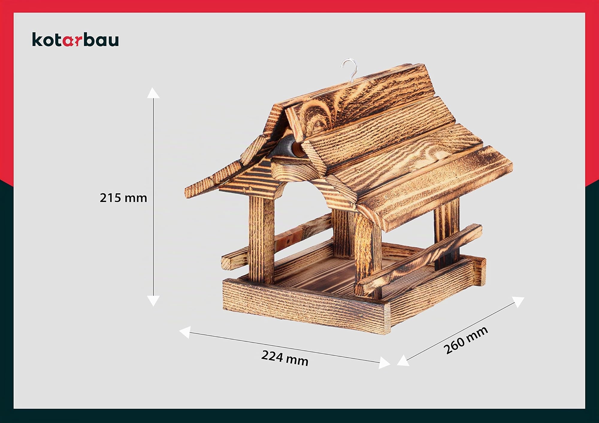 KOTARBAU® Mangiatoia per Uccelli Da Esterno - 22x26x22 cm - Legno Bruciato Chiaro - Casetta per Uccelli - Selvatici - Design Naturale - Mangiatoia In Legno - Giardino e Balcone