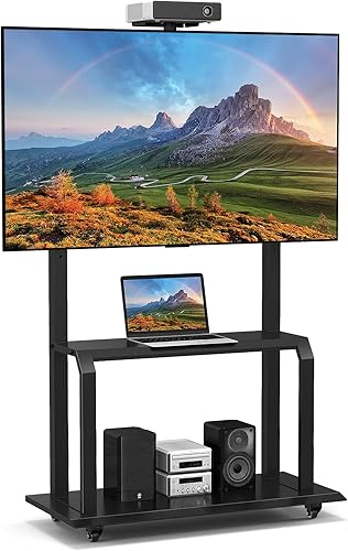 Goplus Soporte de TV móvil, carrito de TV rodante con estante para cámara y estantes AV, carrito de consola multimedia ajustable para televisores