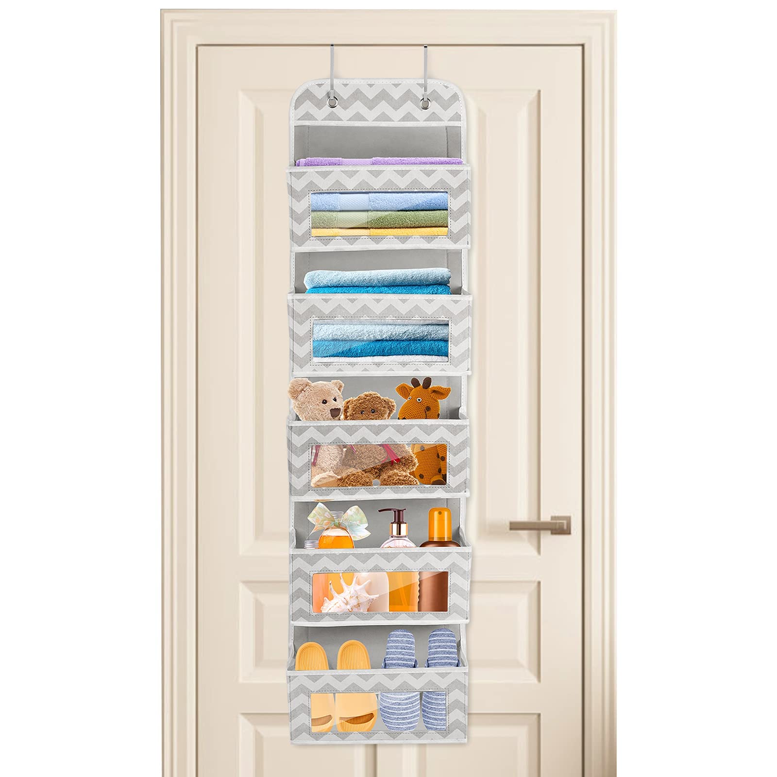 5-Tier Hanging Door Bag Storage Bag Fabric Hanging Shelves Over The Door Organizer Soft Wall Mount Wardrobe Closet Organiser Baby Nursery Bathroom Hanging Finishing Bag Door Hanger Organizer w/Hooks