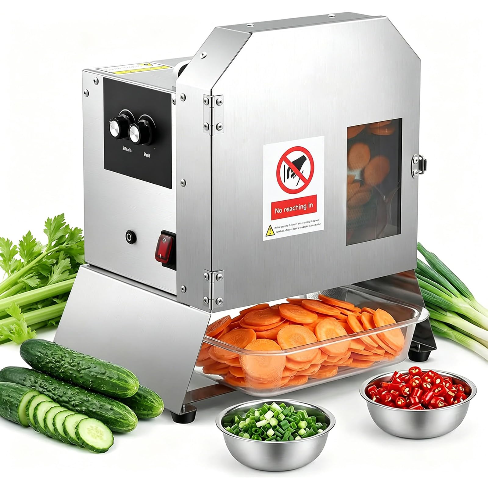 Fablestoryem Multicolor 200W Commercial Electric Vegetable Slicer & Chopper, Automatic Conveyor Belt Fruit Cutter, 1.5–35 Mm Adjustable Thickness, For Scallion, Cucumber, Tomatoes, Potatoes, Parsley, 400 Lb/H