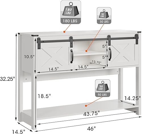 Miniatura 2 de Mesa de entrada de granja con almacenamiento, mesa consola de 46 pulgadas con puerta corrediza de granero, mesa de sofá rústica de madera con