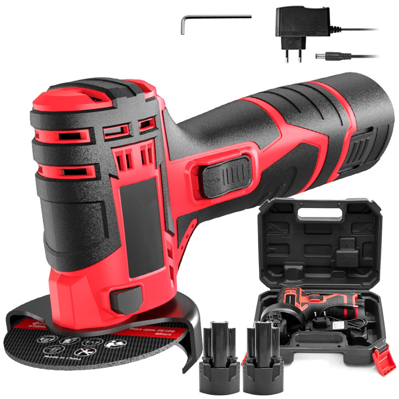 Mini amoladora angular | Kit inalámbrico de 12 V con 2 baterías de 2000 mAh y cargador | Amoladora compacta con discos de 76 mm para cortar, moler, pulir y afilar