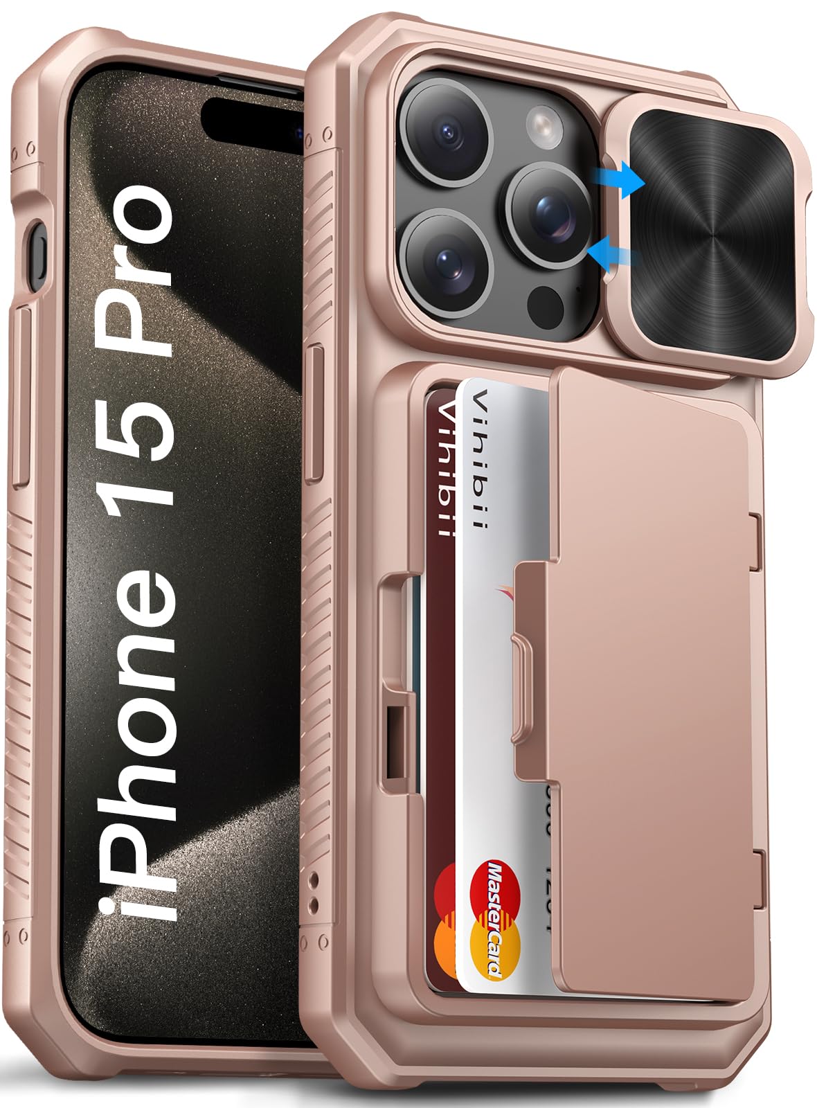 Vihibii for iPhone 15 Pro Case Wallet with Slide Camera Cover, Built-in Card Holder (4 Cards) & Kickstand, Heavy Duty Shockproof Rugged Phone Protective Case for iPhone 15 Pro 5G 6.1" 2023, Rose Gold