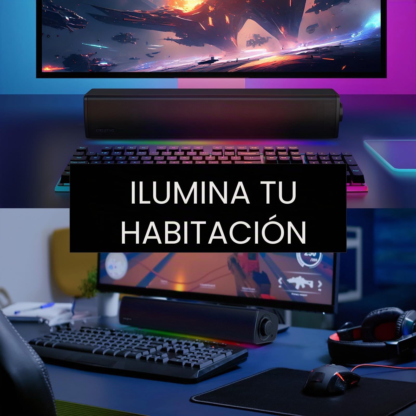 Sound Blaster GS3 Barra de Sonido compacta para Juegos con RGB y SuperWide Technology, Alimentación vía USB, Bluetooth 5.4