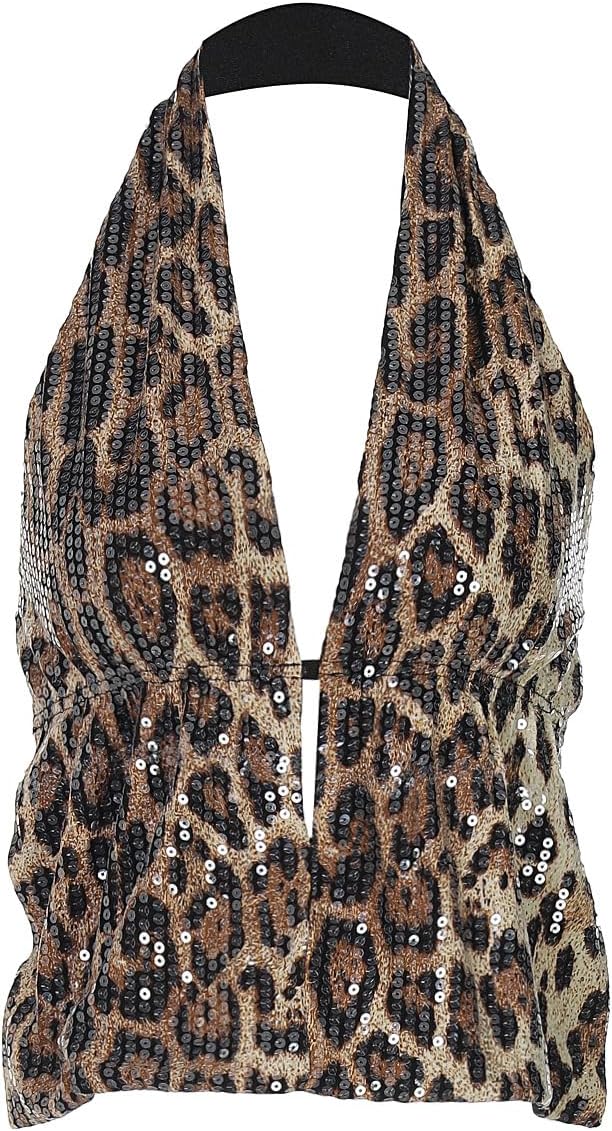 Womens Sequin Cheetah Print Top Sparkly Halter Tops Y2k Going Out