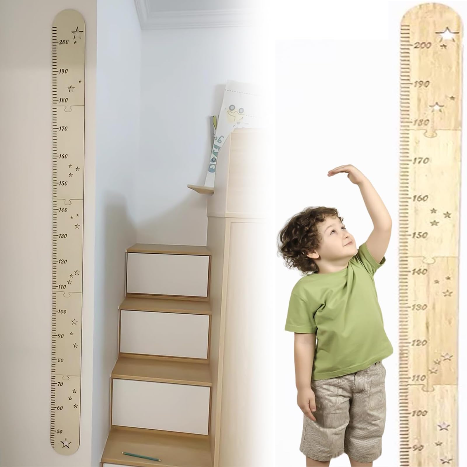 Grafici Di Altezza In Legno Misuratore Per Bambini 50-200 Cm Decorazione Murale Cameretta (Set Da 5)