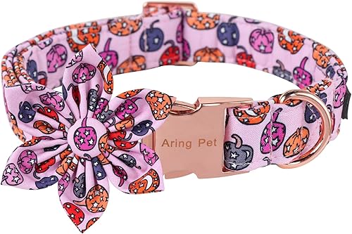 ARING PET Collar de perro de Halloween, lindo collar de calabaza rosa con flor, ajustable de algodón con lámpara de calabaza de Halloween, collar de