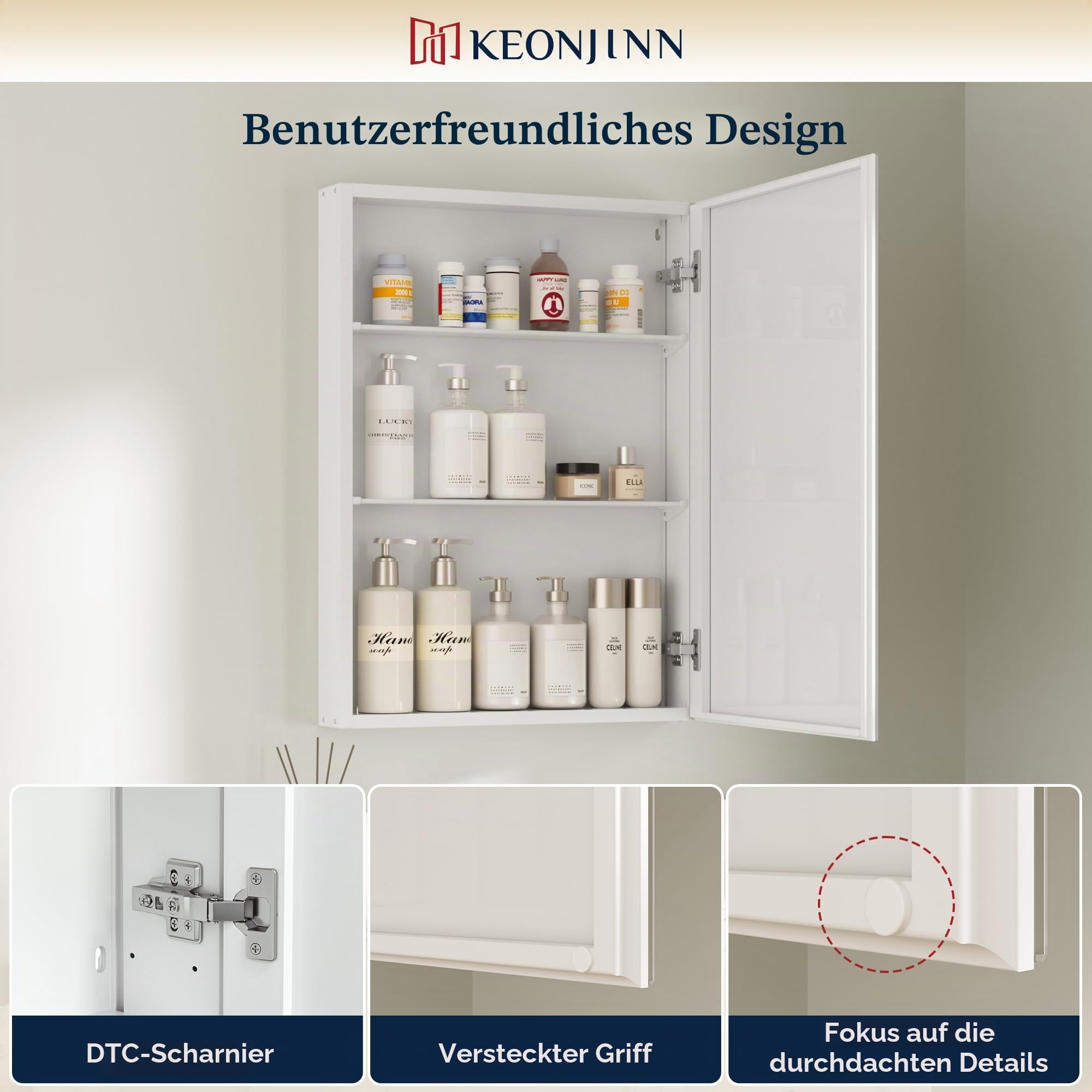 Keonjinn Spiegelschrank Bad, 60 x 80 cm Badezimmerschrank mit Spiegel, Hängeschrank mit verstellbaren Regalen, Modern Wandschrank für Badezimmer, weiß