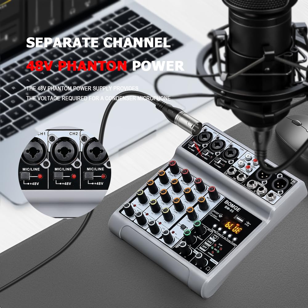 BOMGE Audio Mixer, Sound Board Mixing Console with 5 Channel Digital USB Bluetooth Echo Delay Effect, 48V Phantom Power Stereo DJ Mixers for Recording, Live Streaming, Podcasting (BM-05 5 canales)