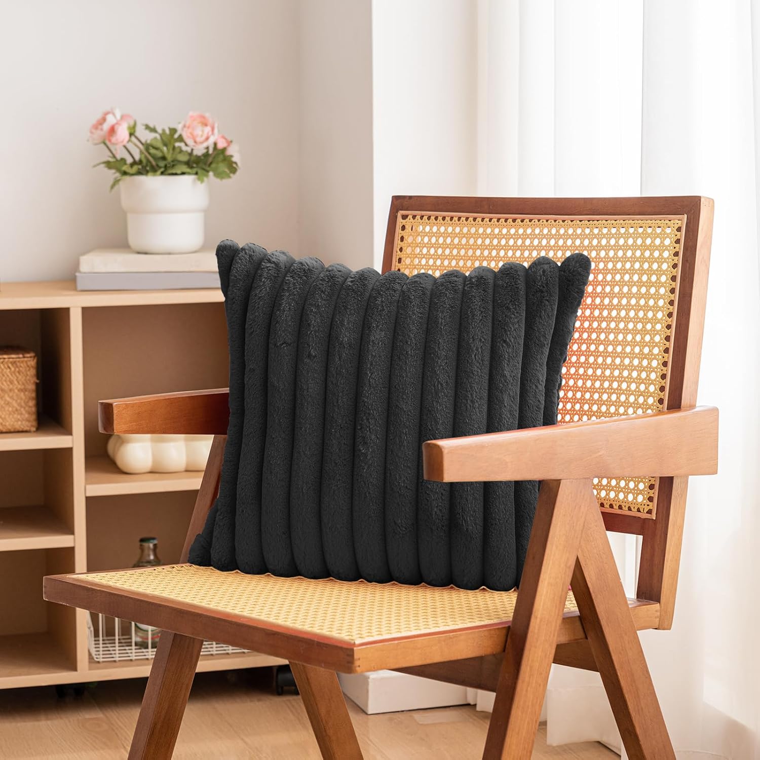 Double-Sided Faux Fur Plush Throw Pillow Covers 18x18 Set of 2 Fuzzy Striped Soft Cozy Pillowcase Luxury Decorative Pillows Square Fluffy Cushion Covers for Couch Sofa Bed,Black - Image 5