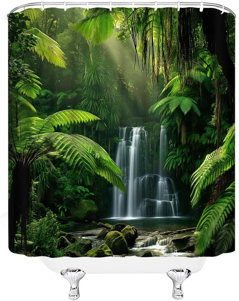 Sunhe Forest Waterfall Shower Curtain Green Nature Tree Forest Tropical Jungle Rainforest Natural Scenery Landscape Fabric Bathroom Decor Curtain with Hooks