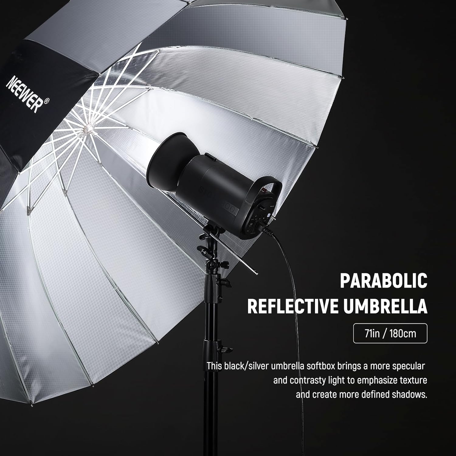 NEEWER 71"/180cm Parabolic Reflective Umbrella Photography with Silver Inner, Soft Lighting with Diffuser Cover, Bag, Quick Fold for Camera Photo Studio Video Light Shooting Monolight Flash, NS4U 71" Silver