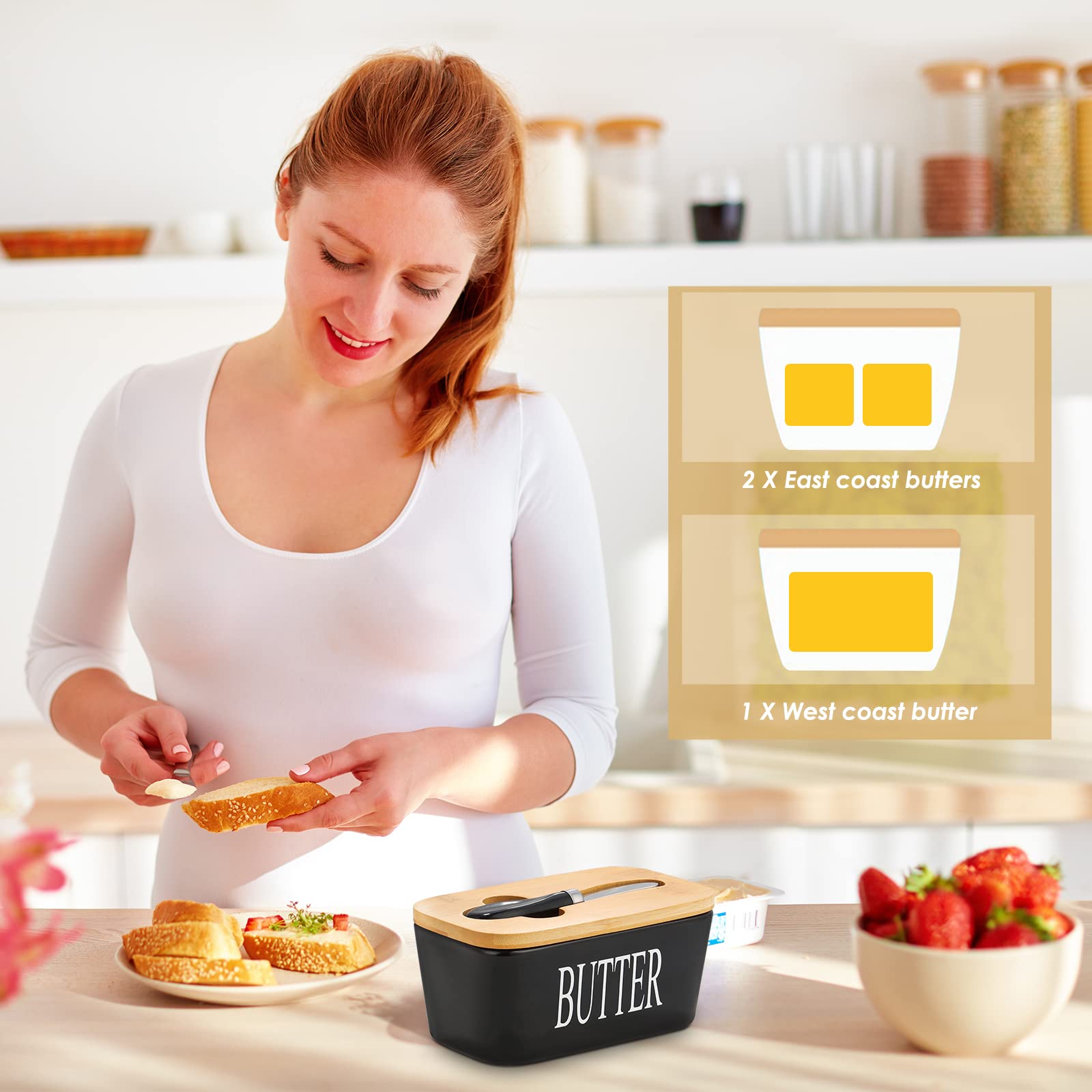 Hossejoy Porcelain Butter Dish with Lid, Knife & Double Silicone Seals, 650ml, Black 4