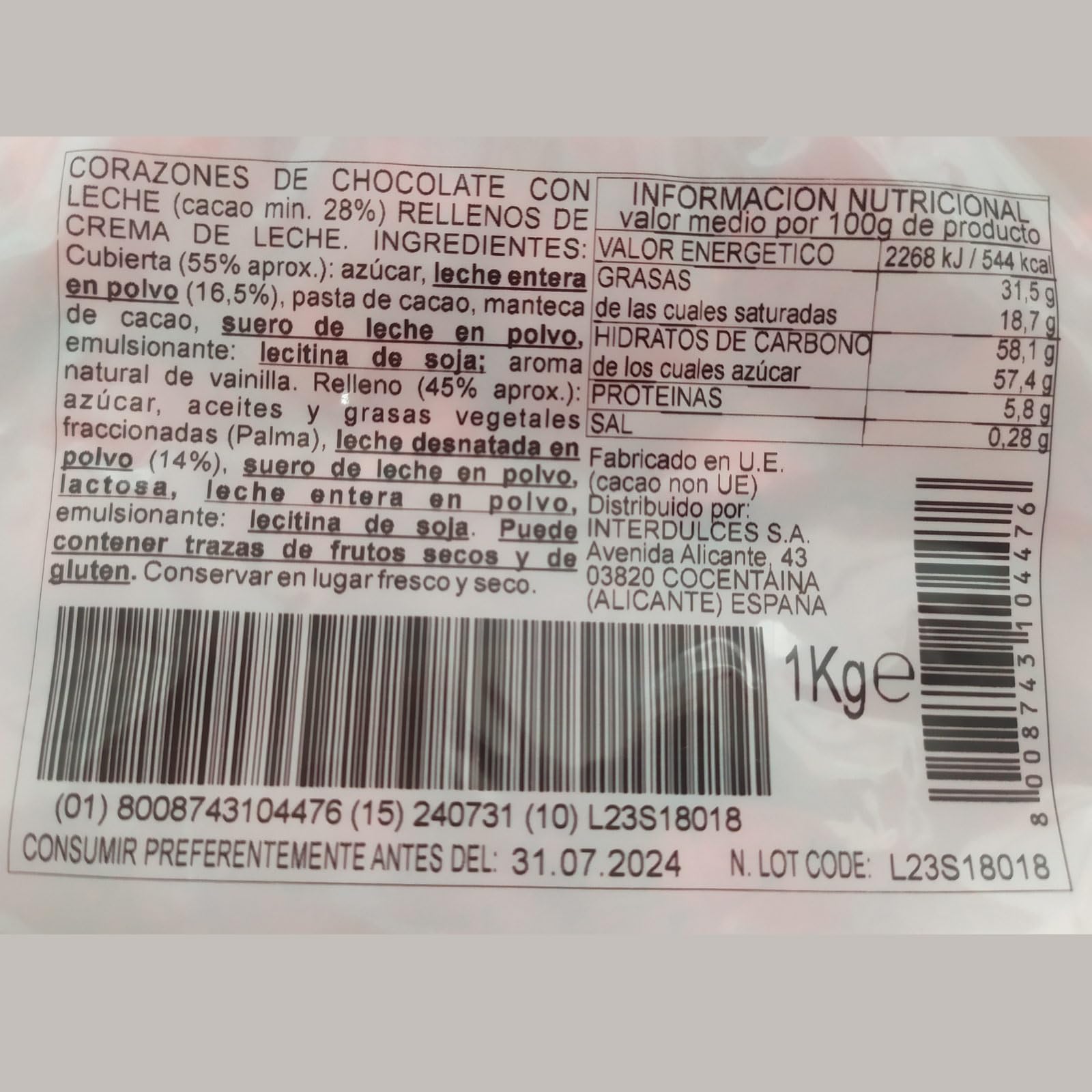 Chocolate con leche rellenos con crema de leche con forma de corazón bolsa de 1 kilo (140 unidades aprox) bombones