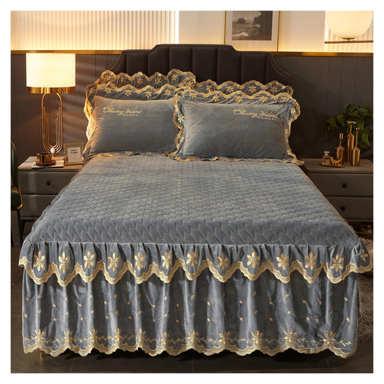 Gesteppter Bett Rock,3PCS Sets Samt Dicker Bettrock 200x200/180x200 Bett Baumwolle Tagesdecke Weiches Breathable Hotel Spring Abdeckung Anti-Rutsch-Staubdichtes ( Color : #1 , Size : 180x220CM/71x87in Küche, Haushalt & Wohnen