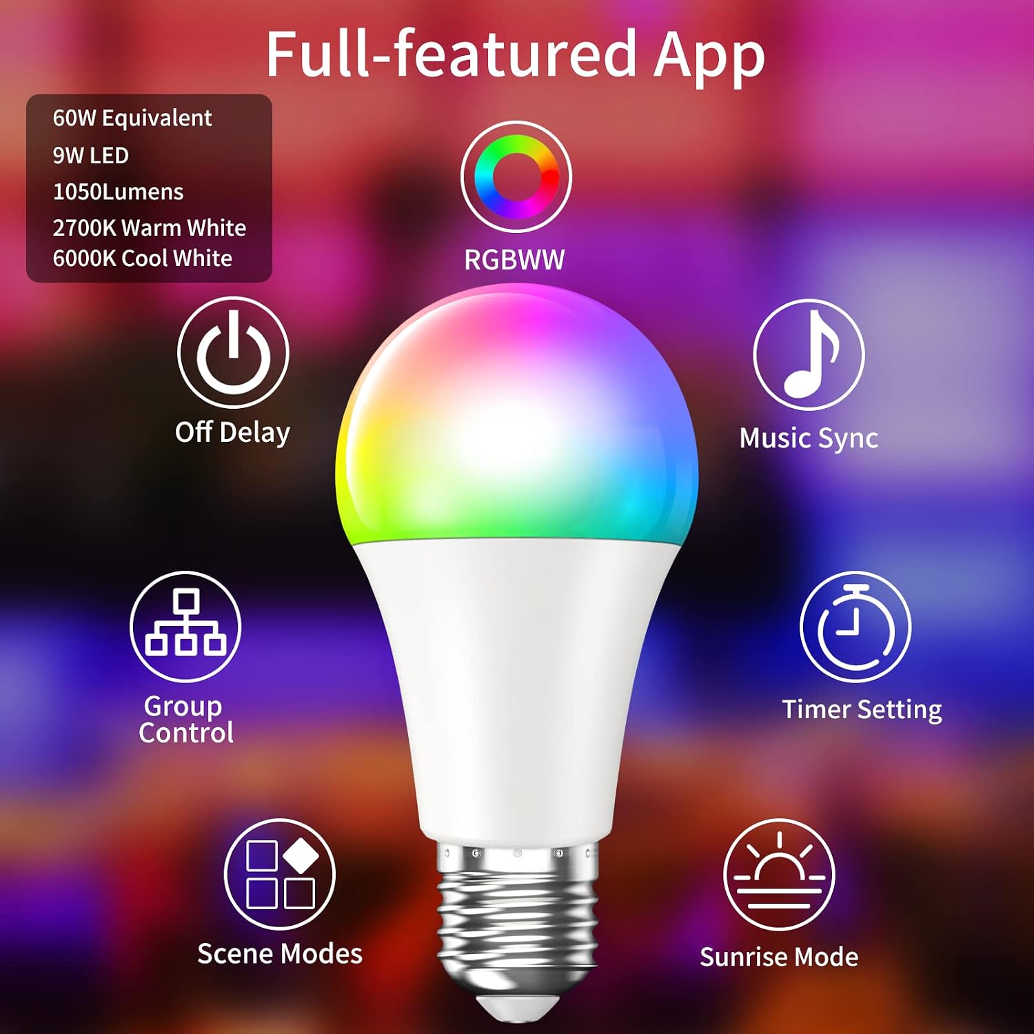 Bewahly Smart Light Bulbs, Color Changing Alexa Light Bulb WiFi Mesh, Smart Bulbs That Work with Alexa/Google Home, Dimmable LED Bulb A19 E26 Multicolor, High Brightness, 9W 800LM, 110V AC,6 Pack