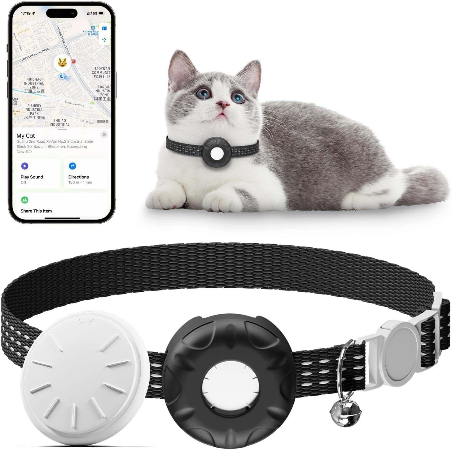 GPS Tracker for Cats (iOS Only), MINI GPS Cat Tracker, Real-Time Location Pet Tracker, No Monthly Fee GPS Tracker, Compatible with Apple Find My,Anti-Lost Smart Tag (Black)
