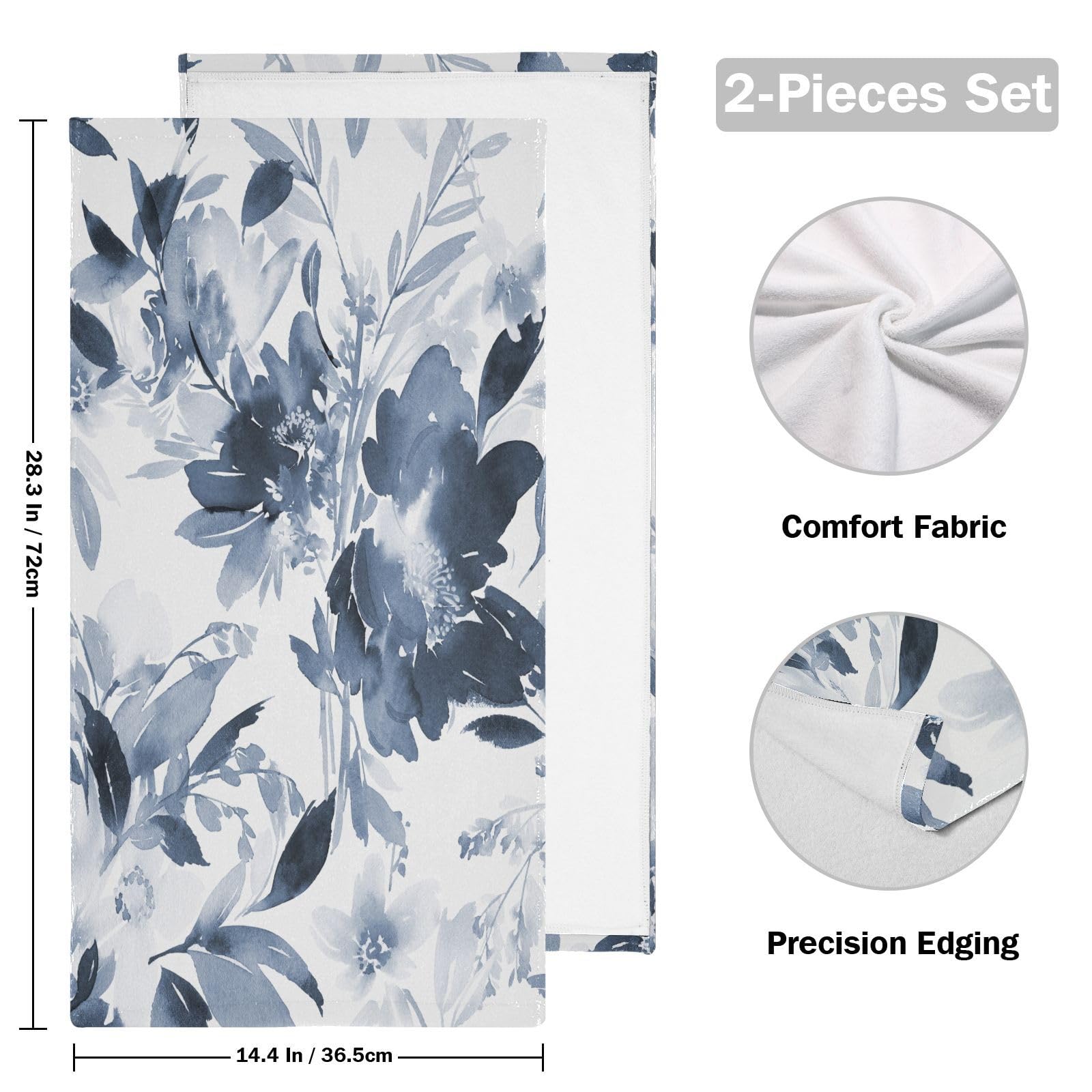 HUAZHIKOU Navy Blue Floral Hand Towels for Bathroom Set of 2 Microfiber Spring Watercolor White Blue Flower Ink Plant Kitchen Dish Towels Decorative Bathroom Towels for Face Bath Shower Spa 14