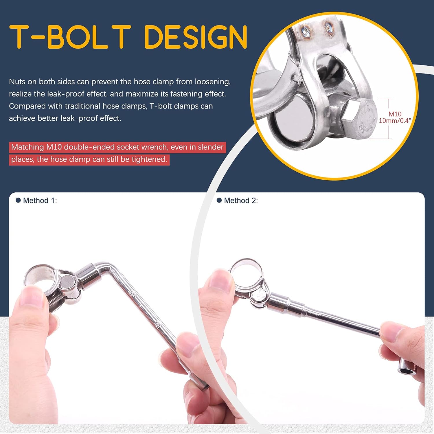 Hilitchi 304 Stainless Steel T-Bolt Clamp Heavy Duty T-Bolt Pipe Tube Hose Clamps (4PCS, 44-47MM)