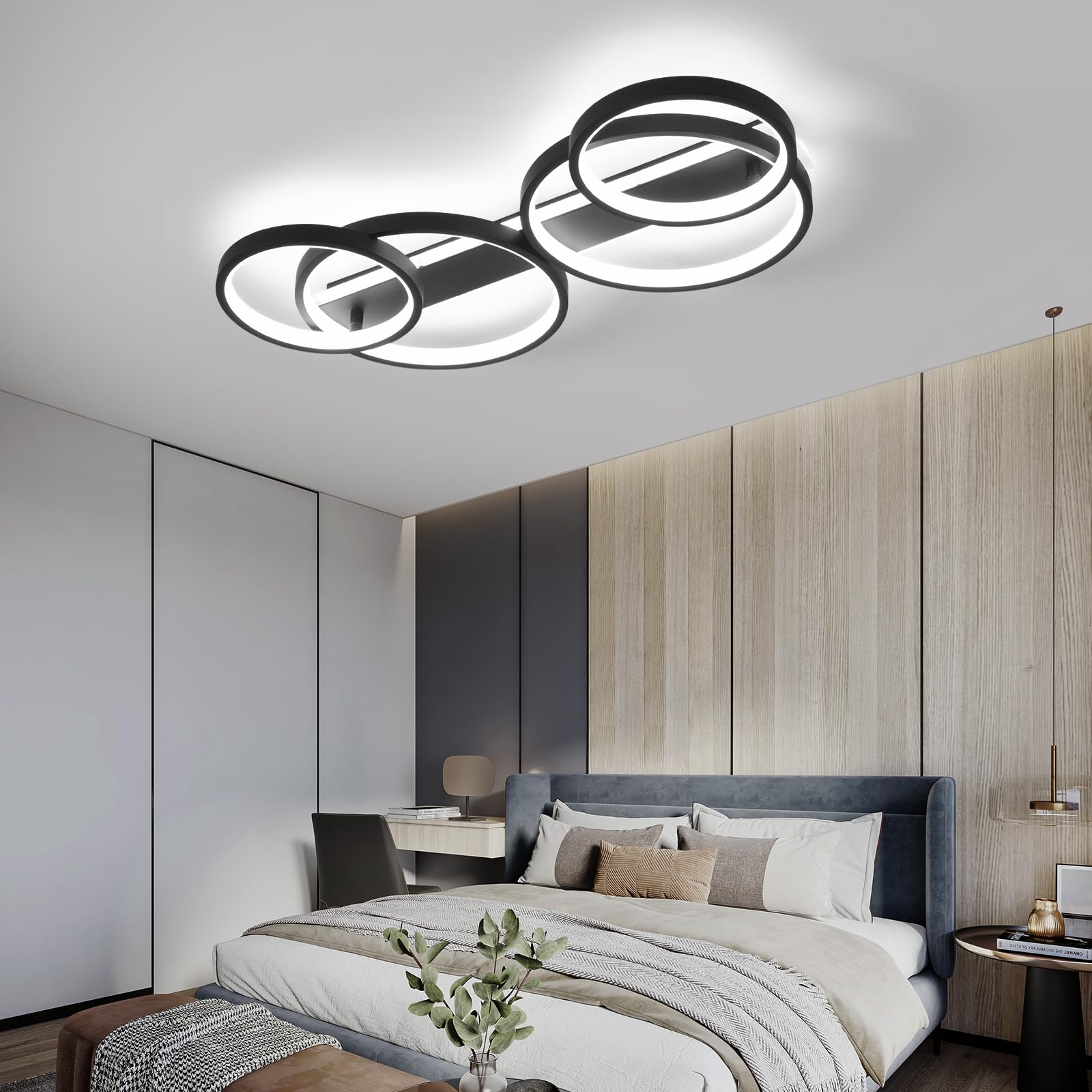 LED Plafonnier,Moderne Lampe de plafond 48W 3000K-6500K,4 anneaux ronde design Chambre Eclairage,Luminaire interieur deco avec Telecommande APP Dimmable,Lampe Lustre pour salon bureau cuisine couloir