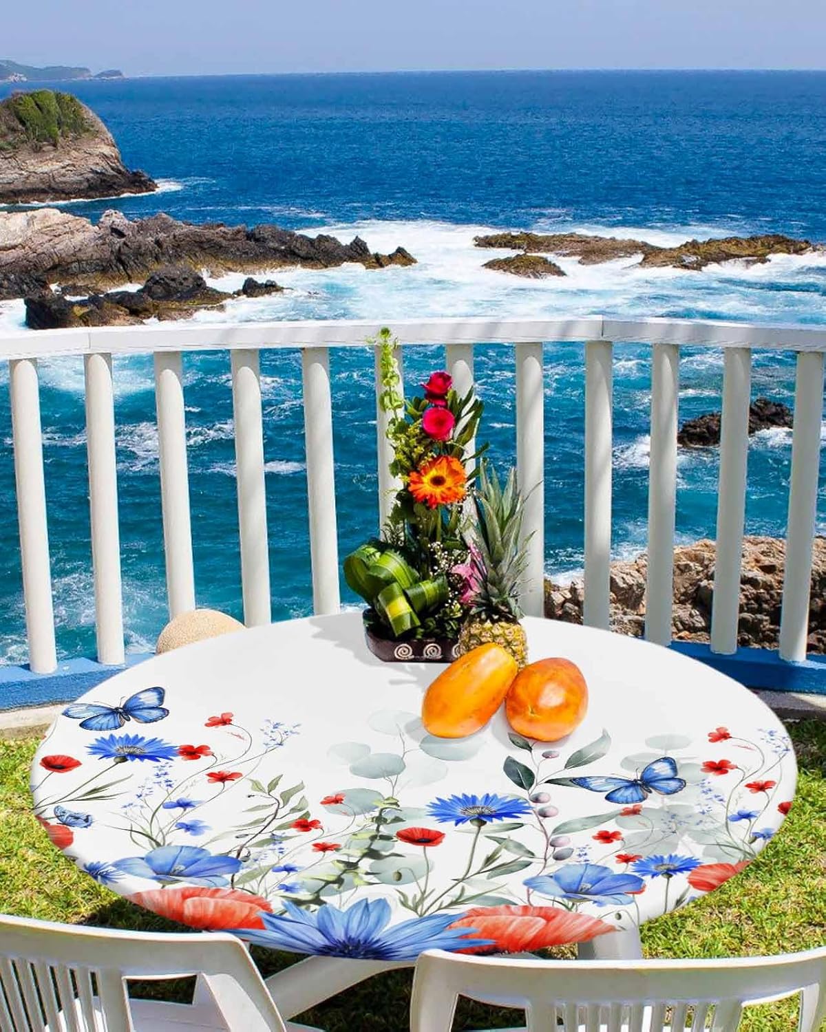 Round Fitted Tablecloth, Independence Day Poppy Flower Eucalyptus Leaves Summer Blue Red Floral Waterproof Table Cloth Table Cover with Elastic Edged for Outdoor Parties, Fits Tables up to 55" - 60"