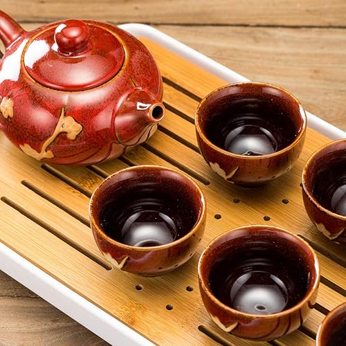 Miniatura 10 de TJ Global Juego de té de cerámica chinajaponesa, 100% hecha a mano tradicional con teteras, 6 tazas de té, bandeja de té de bambú con drenaje (verde)