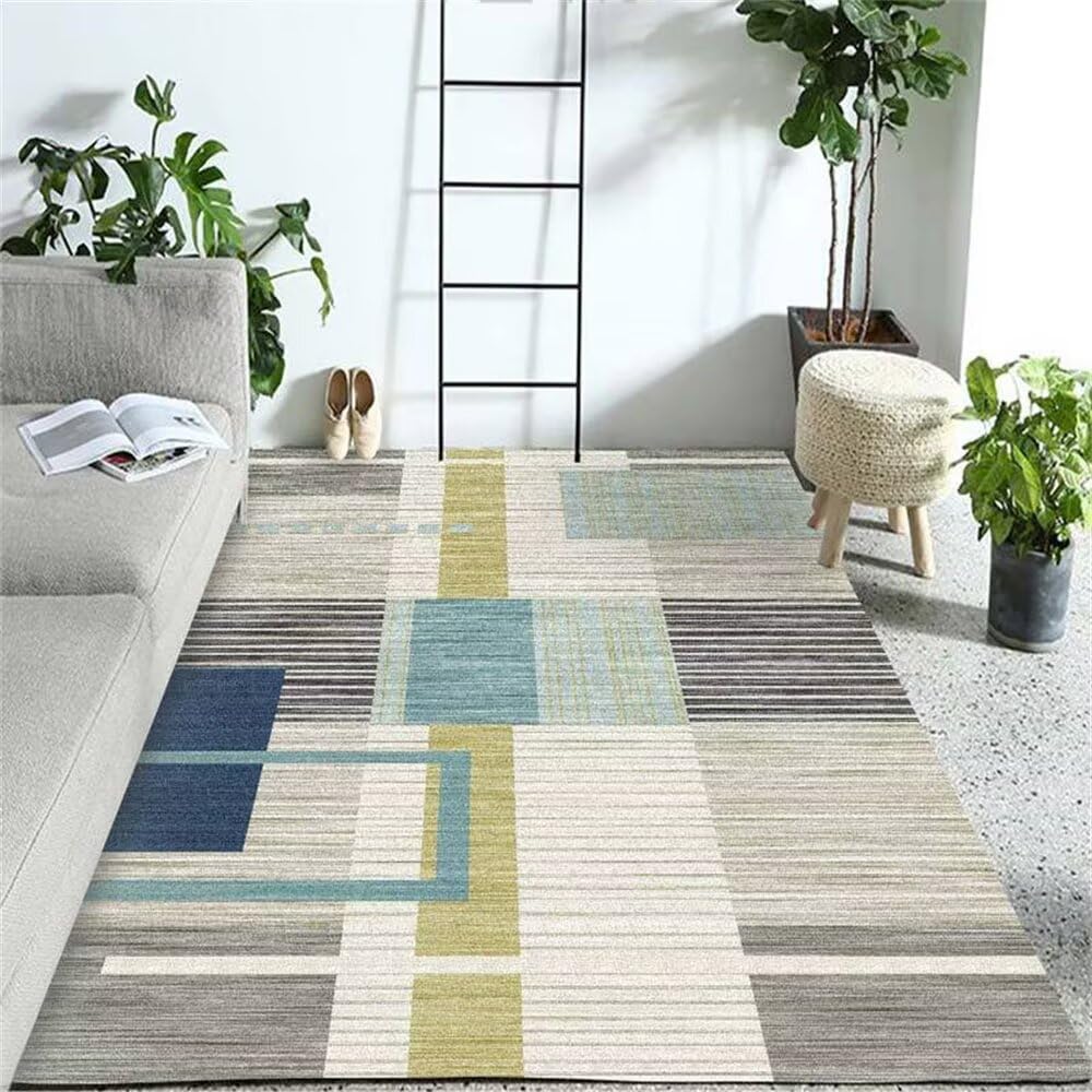 Tapis de salon moderne bleu gris 90x120 cm et grande descente de lit de chambre adulte