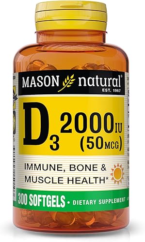 MASON NATURAL Vitamina D3 2,000 UI Ultra Fuerza, Apoya la Densidad Ósea, Fuerza y Salud Inmune, 300 Cápsulas Blandas
