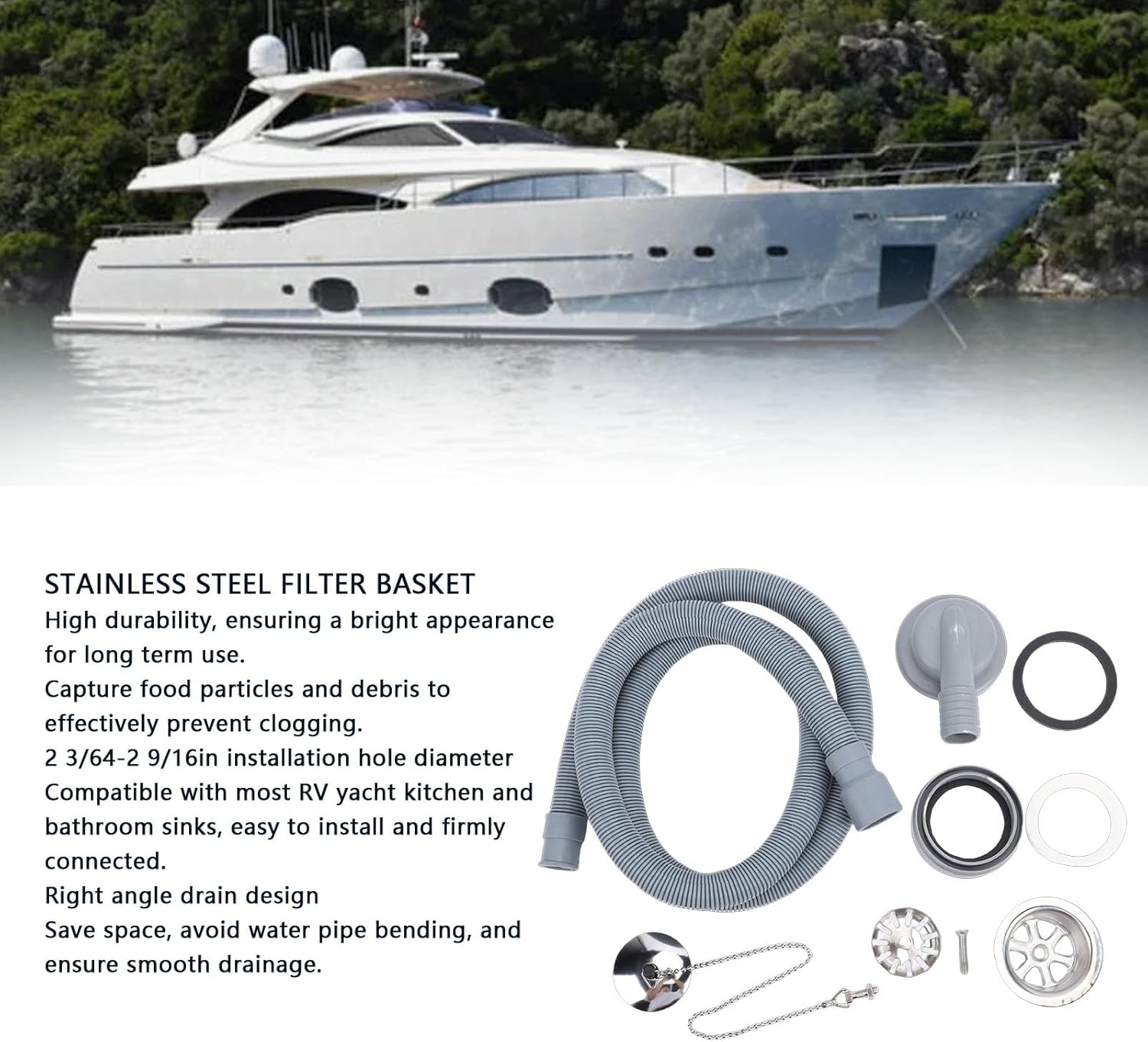Fockety RV Sink Drain Kit, 2 3/4in Right Angle RV Sink Drain Connector Double Strainer PVC Stainless Steel Boat Efficient Drainage with 1.5m Hose for Yachts