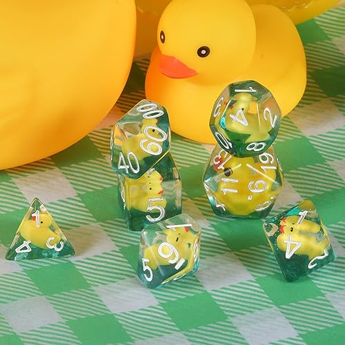 Miniatura 5 de FLASHOWL Juego de dados de pato poliédricos y RPG, dados DND con pato dentro de rollo poliédrico, juego de dados D20, dados de mazmorras y dragón, 7