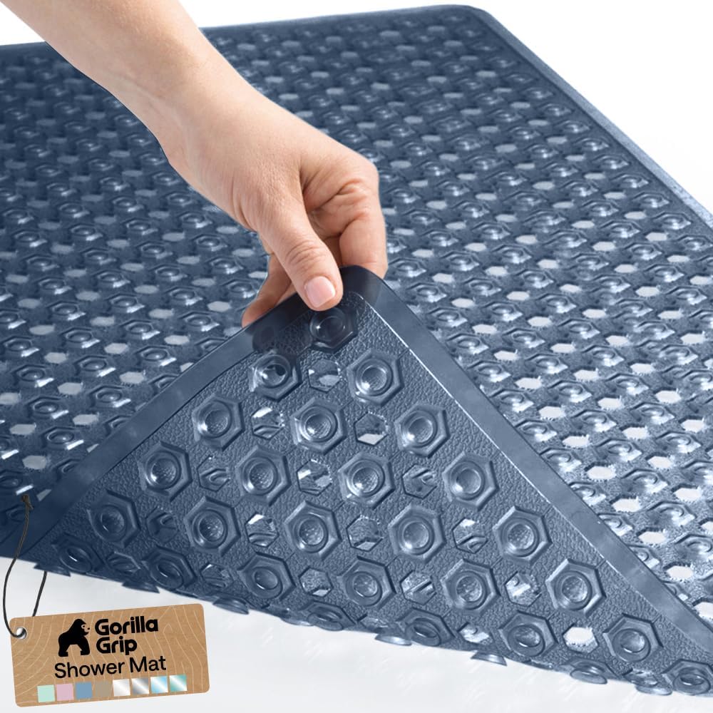 Original Patented Bath, Shower Tub Mat, 35x16, Many Colors, Washable, Antibacterial, BPA, Latex, Phthalate Free, XL Size Bathroom Bathtub Mats, Drain Holes, Suction Cups, Navy Blue