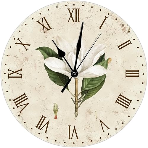 Chic Magnolia Wall Clock Flower Market Round Wall Clock 10inch Silent Non-Ticking Battery Operated Round Home Wall Decor for Home Office Kitchen