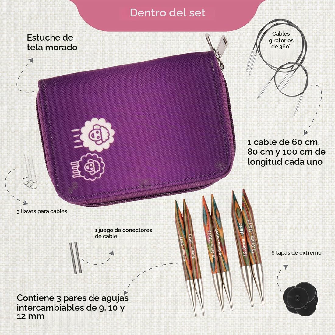 KnitPro Juego de agujas de tejer de madera Symfonie en bolsa de tela morada, juego grueso de 9,00, 10,00 y 12,00 mm