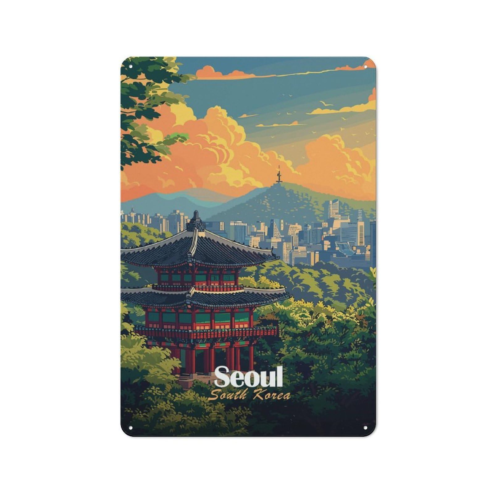 Junmoney Style-18 Seoul Cityscape With Traditional Temple Rustic Metal Wall Sign 30X20cm For Home Office Or Studio, For Garage, Workshop And Man Cave Decoration