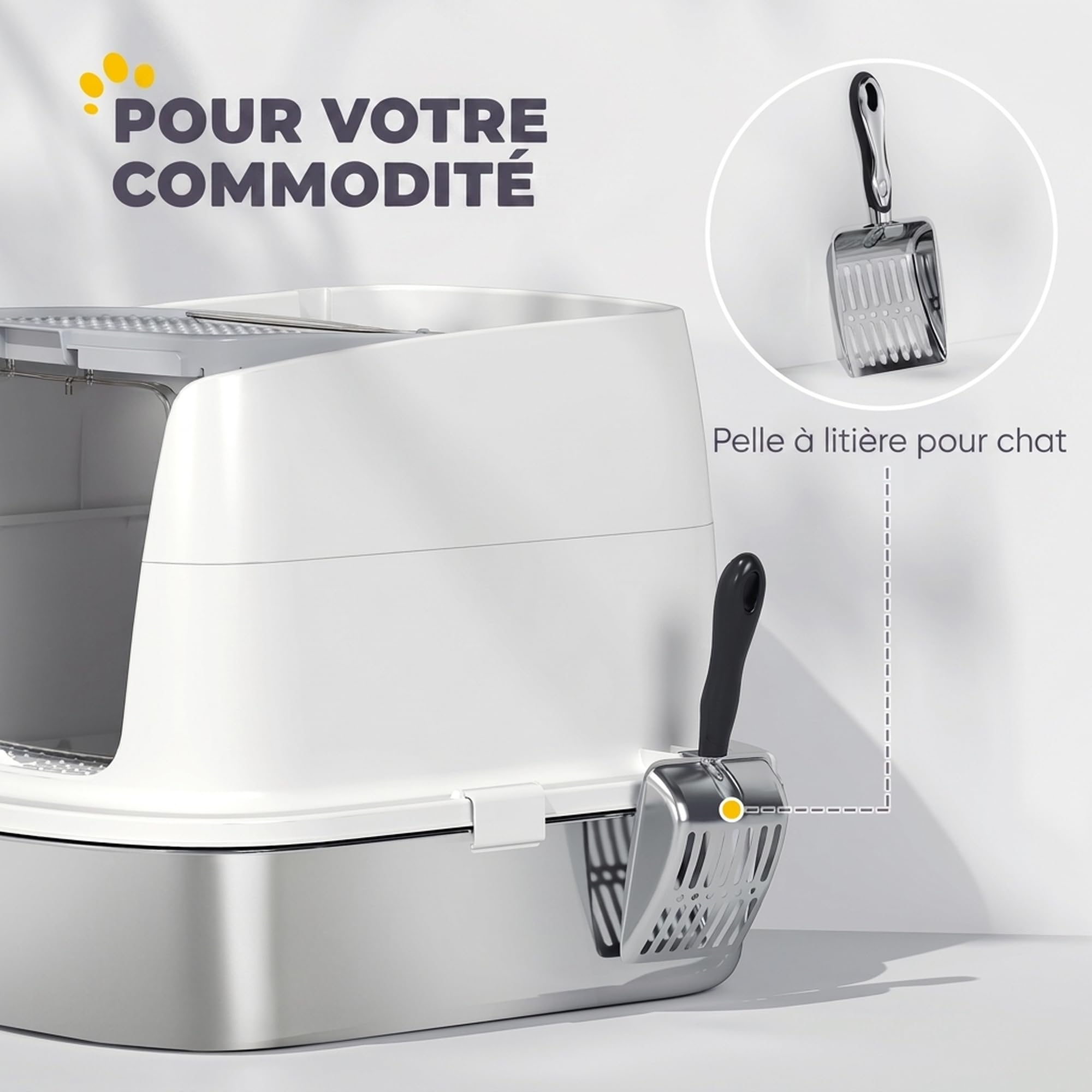 PawHut Bac à Litière Fermé en INOX pour Chat Pelle 52,4x41,3x39,8cm Blanc | Maison de Toilette pour Chat, Couvercle Amovible, Entrée Frontale et Sortie Supérieure, Sachet Désodorisant