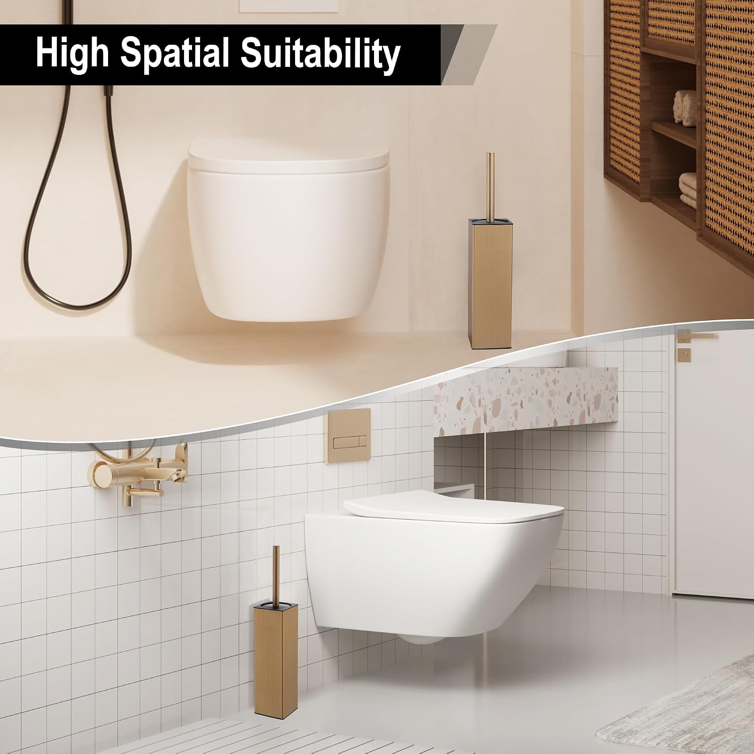 BGL Toilet Brush with Holder for Bathroom Matte Brushed Brass Aluminium Standing for Bathroom Toilet Bowl Cleaner Brush and Holder Set, Square Design image 5
