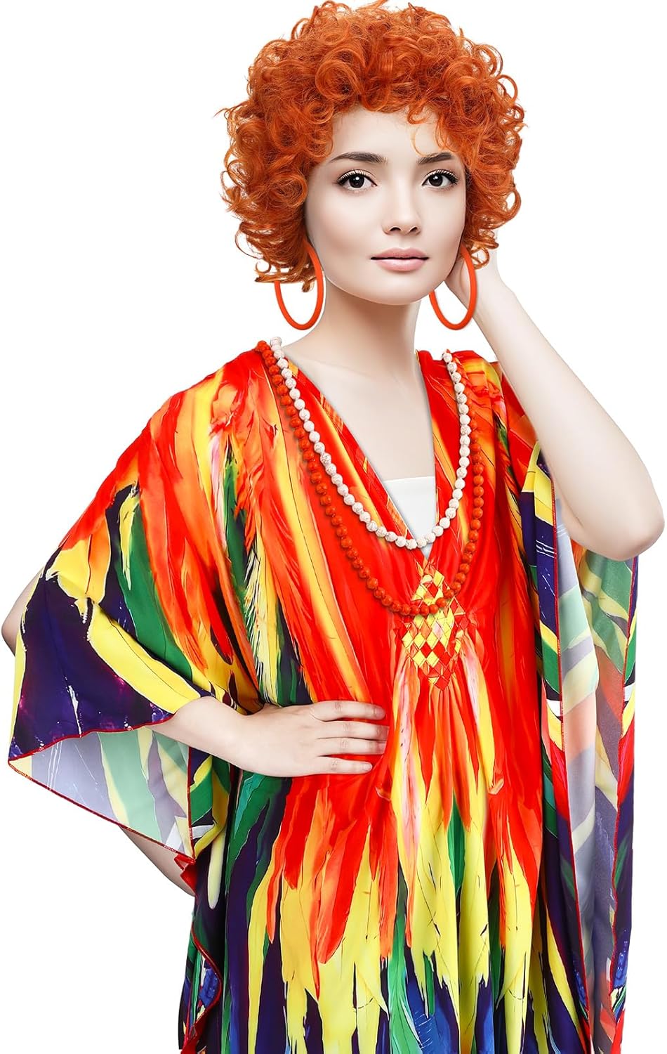 5 Pcs Halloween Women Landlady Costume Set with Caftan Dress Curly Wig Bead Necklace Earring for Cosplay Party - Image 5