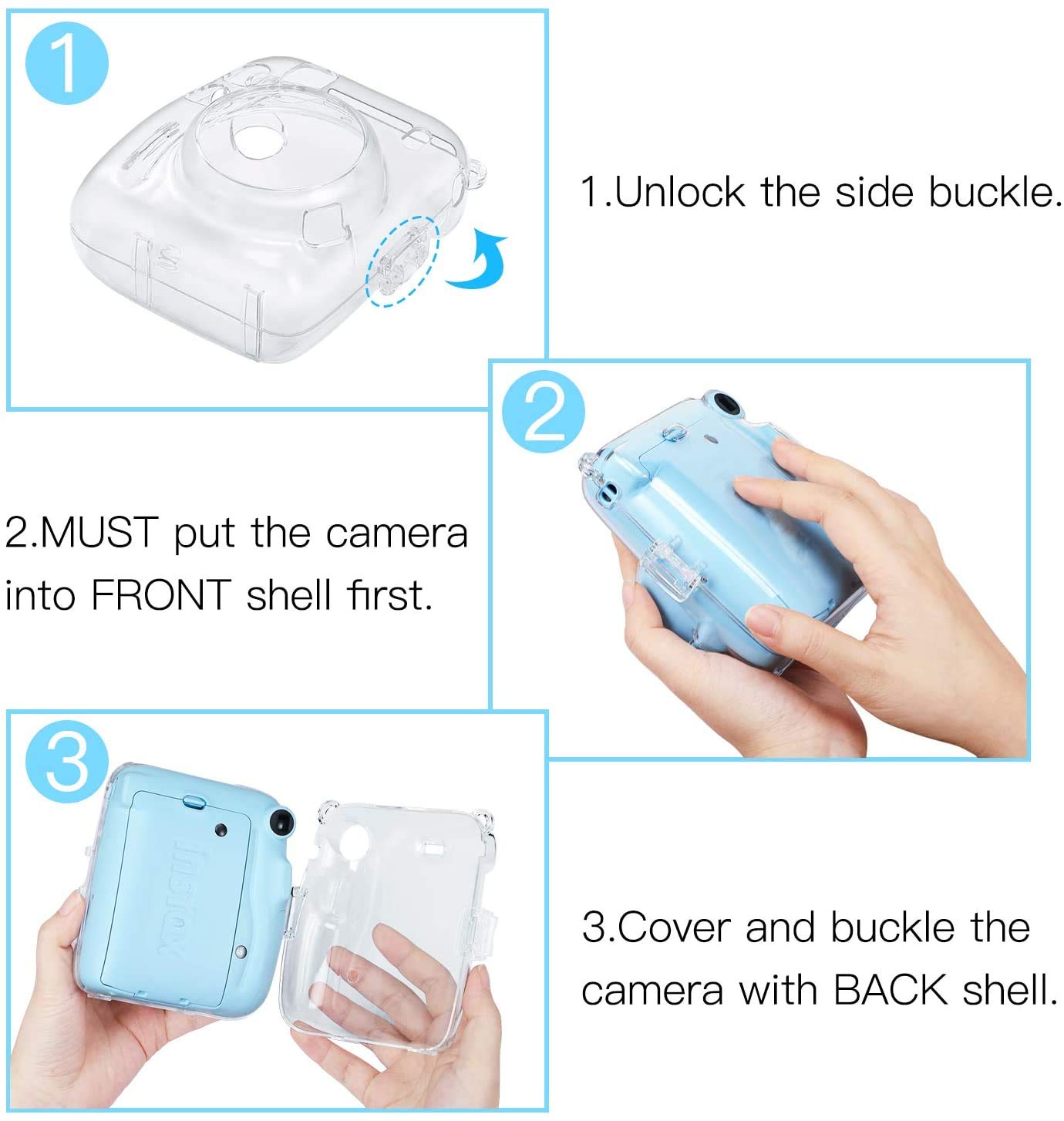 FINTIE Przezroczyste etui ochronne do aparatu Fujifilm Instax Mini 11 Instant Film - Krystalicznie twarda osłona PCW ze zdejmowanym tęczowym paskiem na ramię, przezroczyste