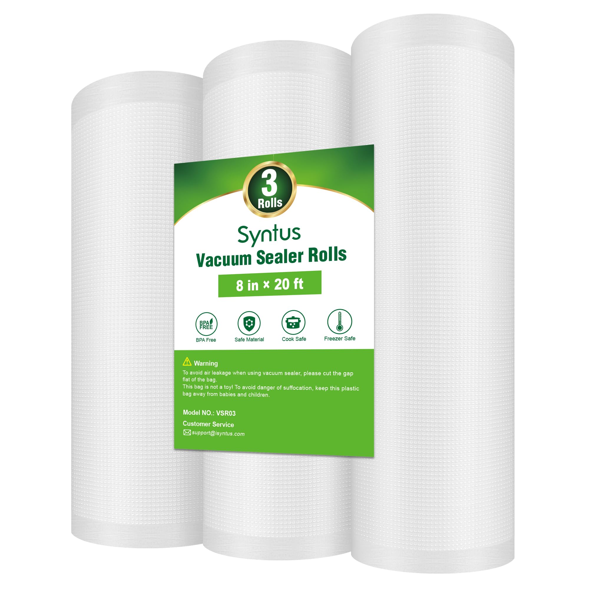 Syntus Vacuum Sealer Bags for Food,3 Rolls 8" x 20' Commercial Grade Bag Rolls, Food Vac Bags for Storage, Meal Prep or Sous Vide
