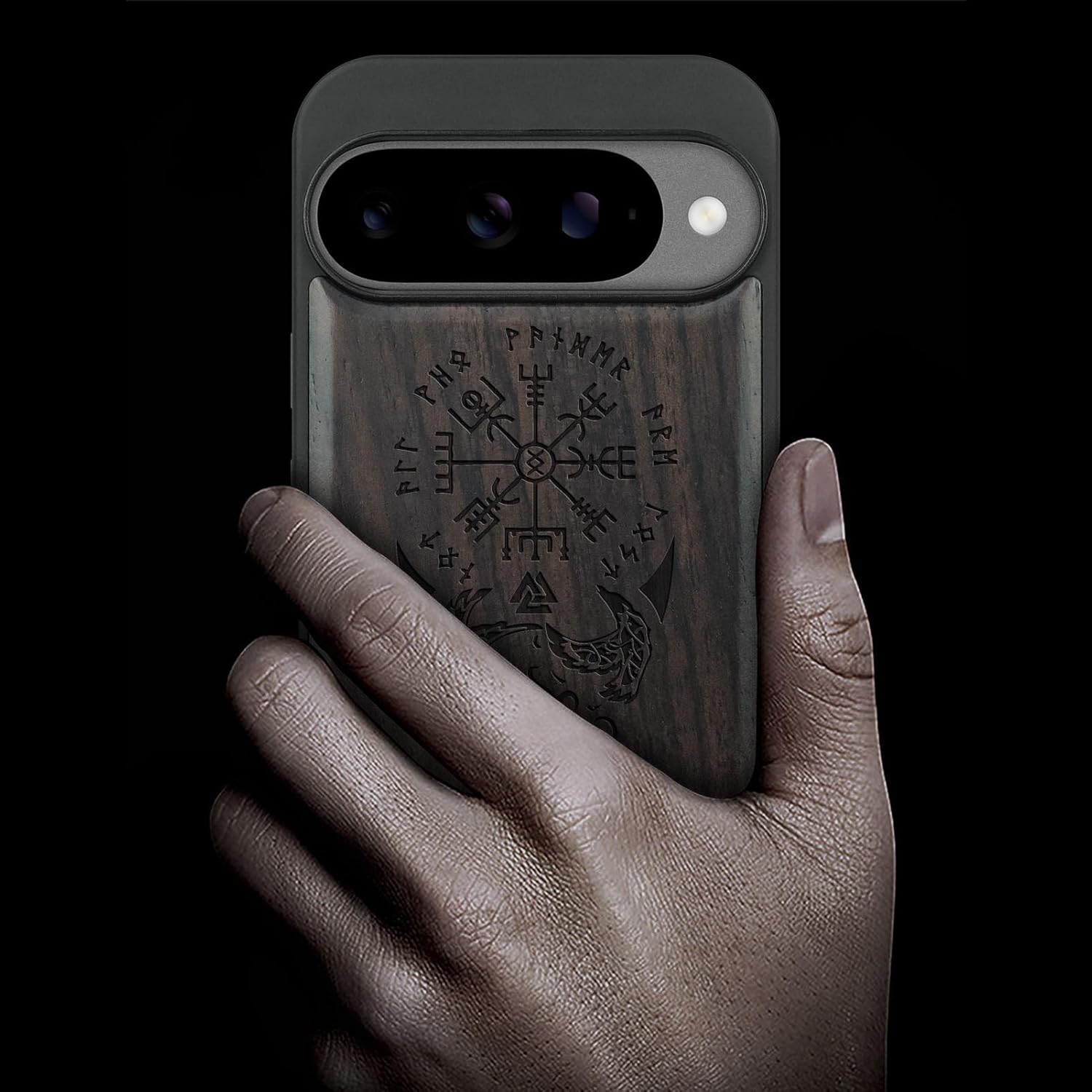 Carveit Magnetic Wooden Case for Google Pixel 10 Case, Wood Artisan Engraved & Soft TPU Shockproof Cover, Compatible with MagSafe Wireless Chargers (The Guiding Vegvisir) Blackwood