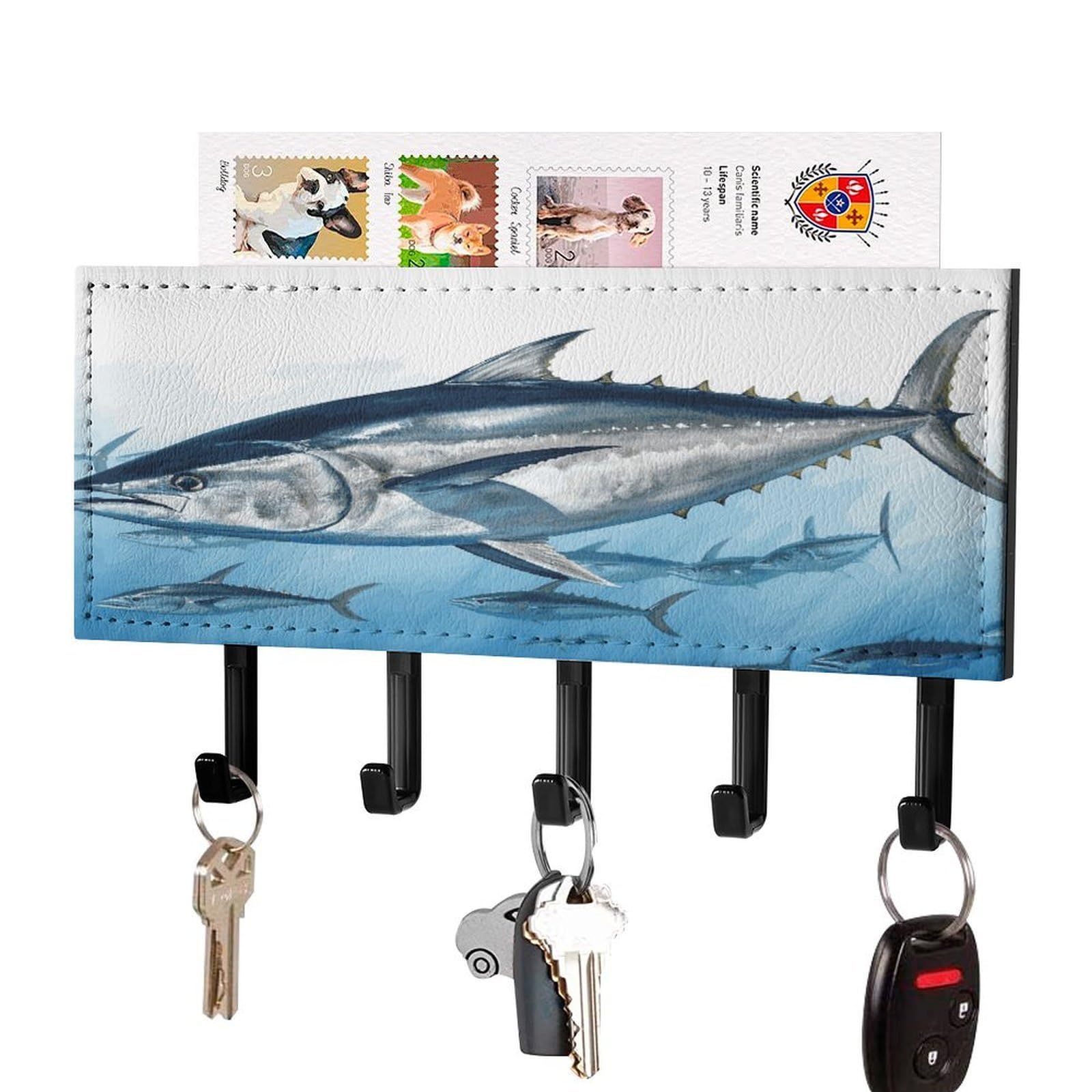 FekiLoot Bluefin Tuna Thunnus Key Holder Wall Mount Key Hooks for Wall Decorative with 5 Hooks PU Mail Rack Organizer with Shelf for Entryway Mudroom Hallway Office 7.1X4.3 in