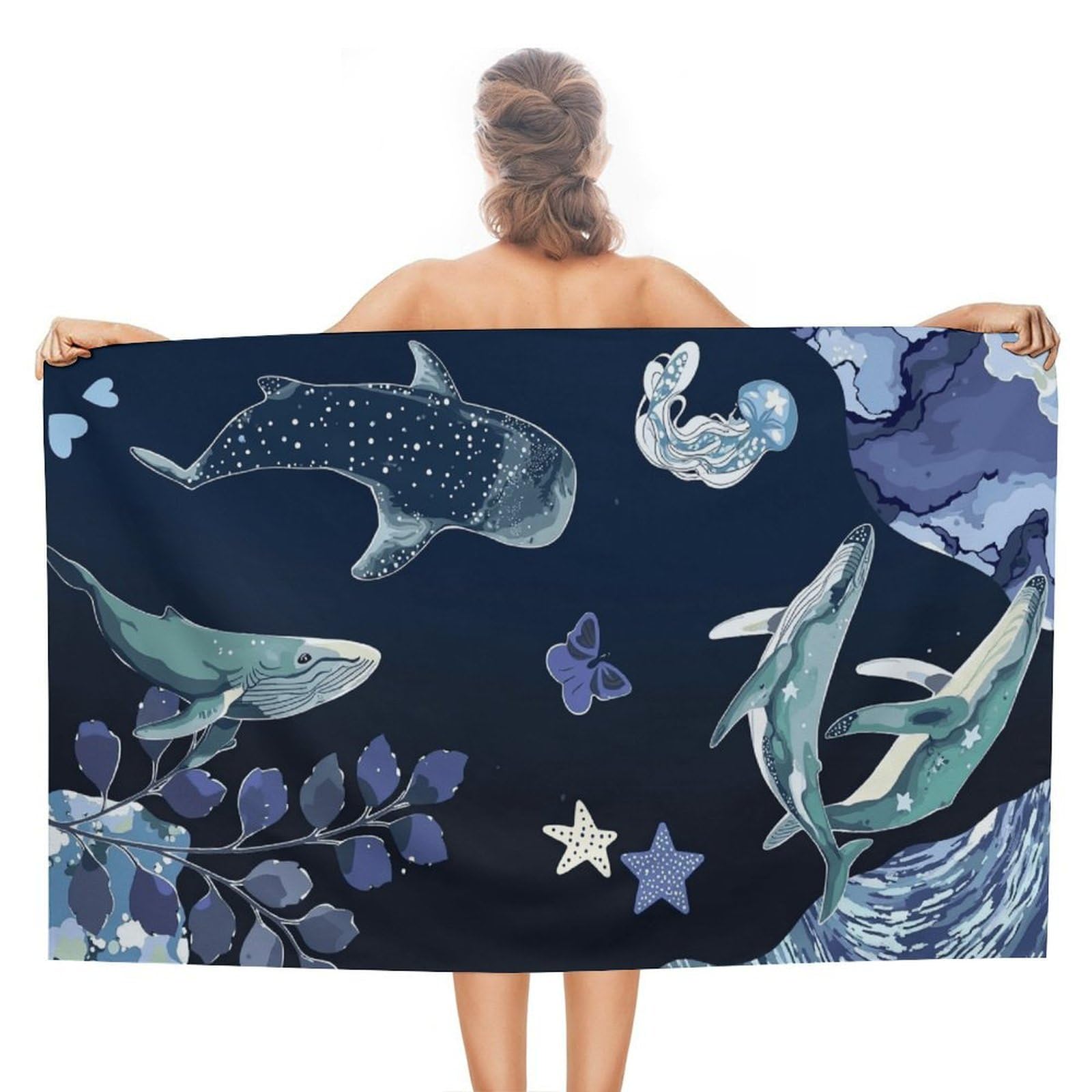 Anceky Whale Ocean Starfish Beach Towel Microfiber Soft Absorbent Oversized Large Bath Towel Blanket Thin Quick Dry for Adults Swimming Pool Yoga Gym Travel 51"X31"