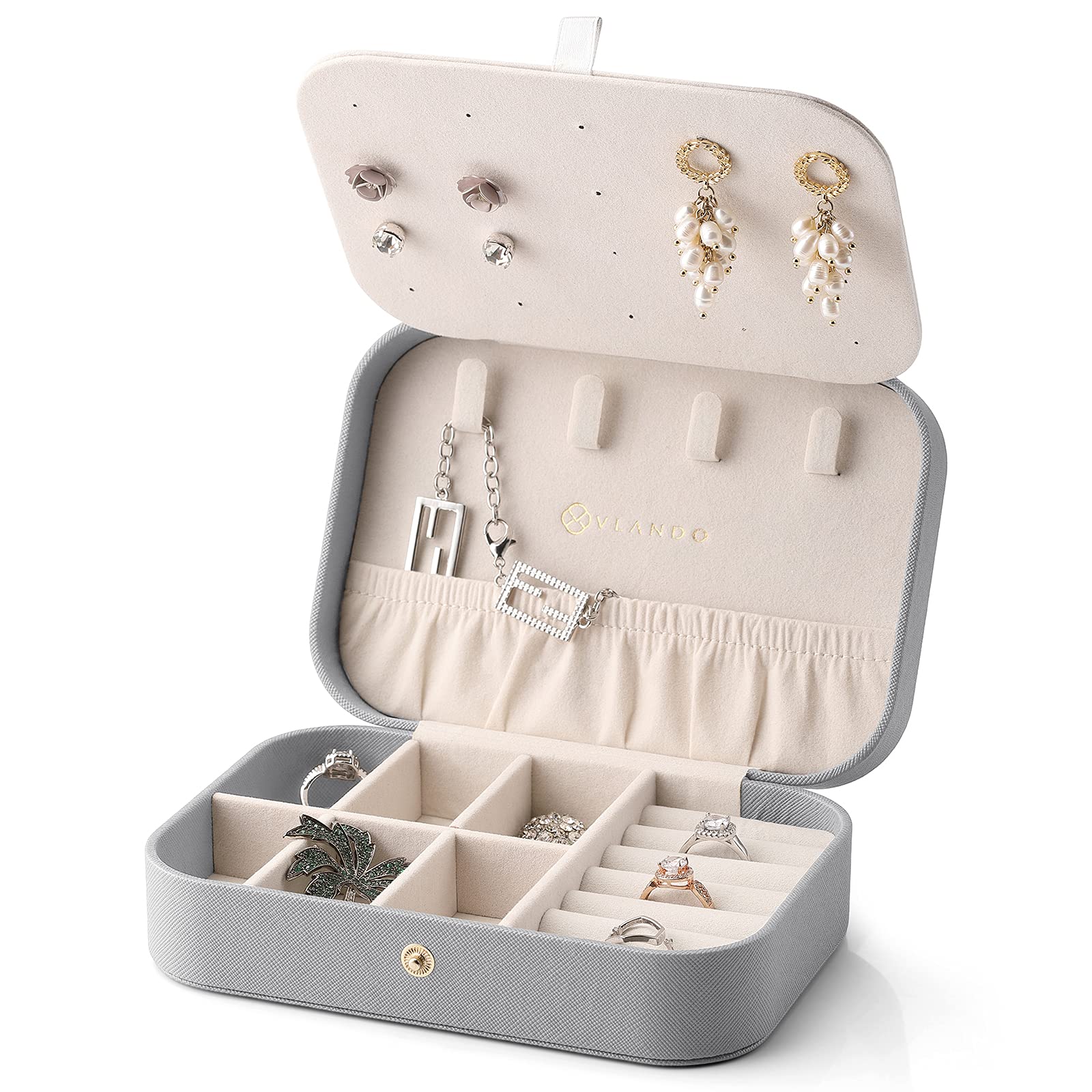 VlandoVlando Small Jewelry Box, Travel Jewelry Organizer Case for Earrings Necklace Ring, Double Layer Portable Travel Jewelry Organizer for Women Girls, Vintage Birthday Gift, Grey