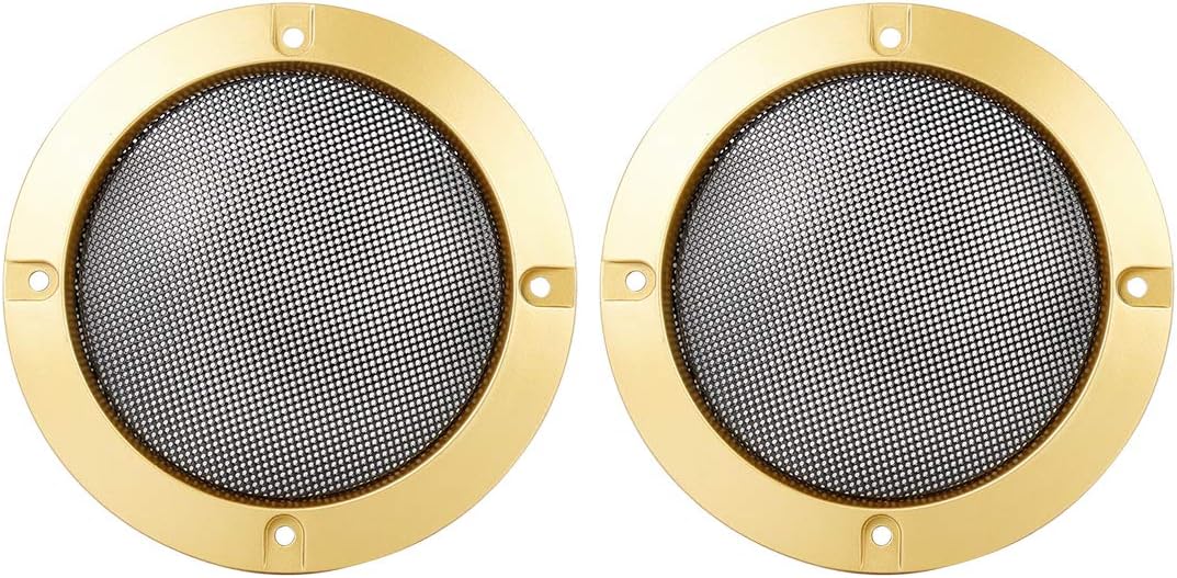 X AUTOHAUX 2pcs 4" Car Metal Audio Speaker Cover Black Glossy Mesh Subwoofer Grill Horn Guard Decorative Circle Grille Protector Gold Tone