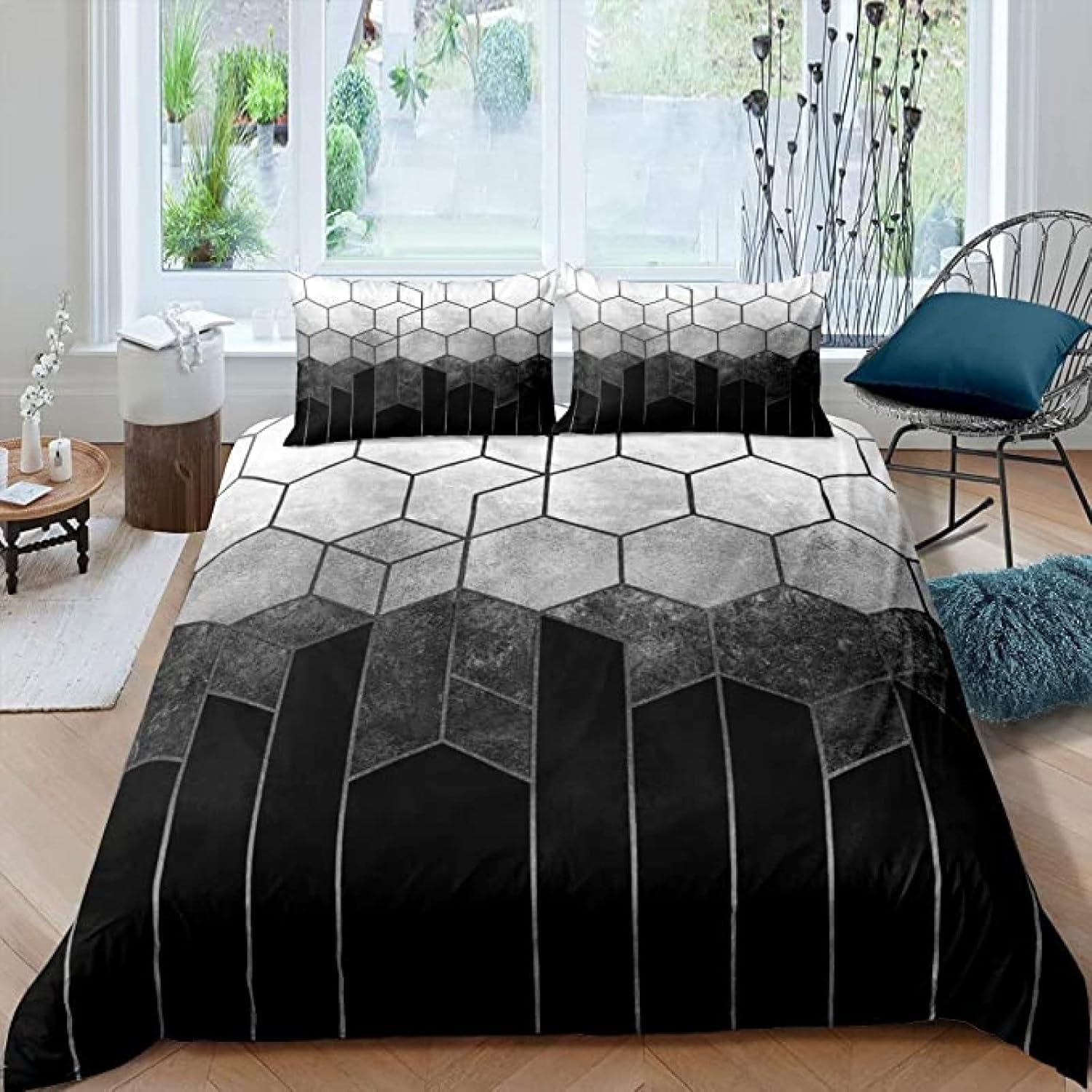 EANSSN Diamond Bedding Set Geometric Plaid Rectangle Hexagon Duvet Cover