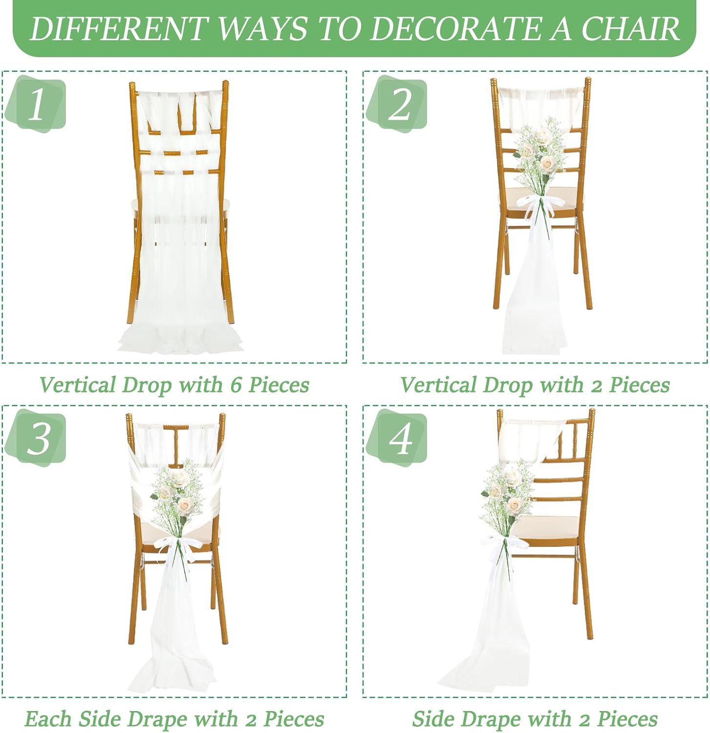 VitalCozy 24 Sets Wedding Aisle Chair Decorations Chiffon Chair Sashes Pew Decorations for Wedding Ceremony Church Aisle