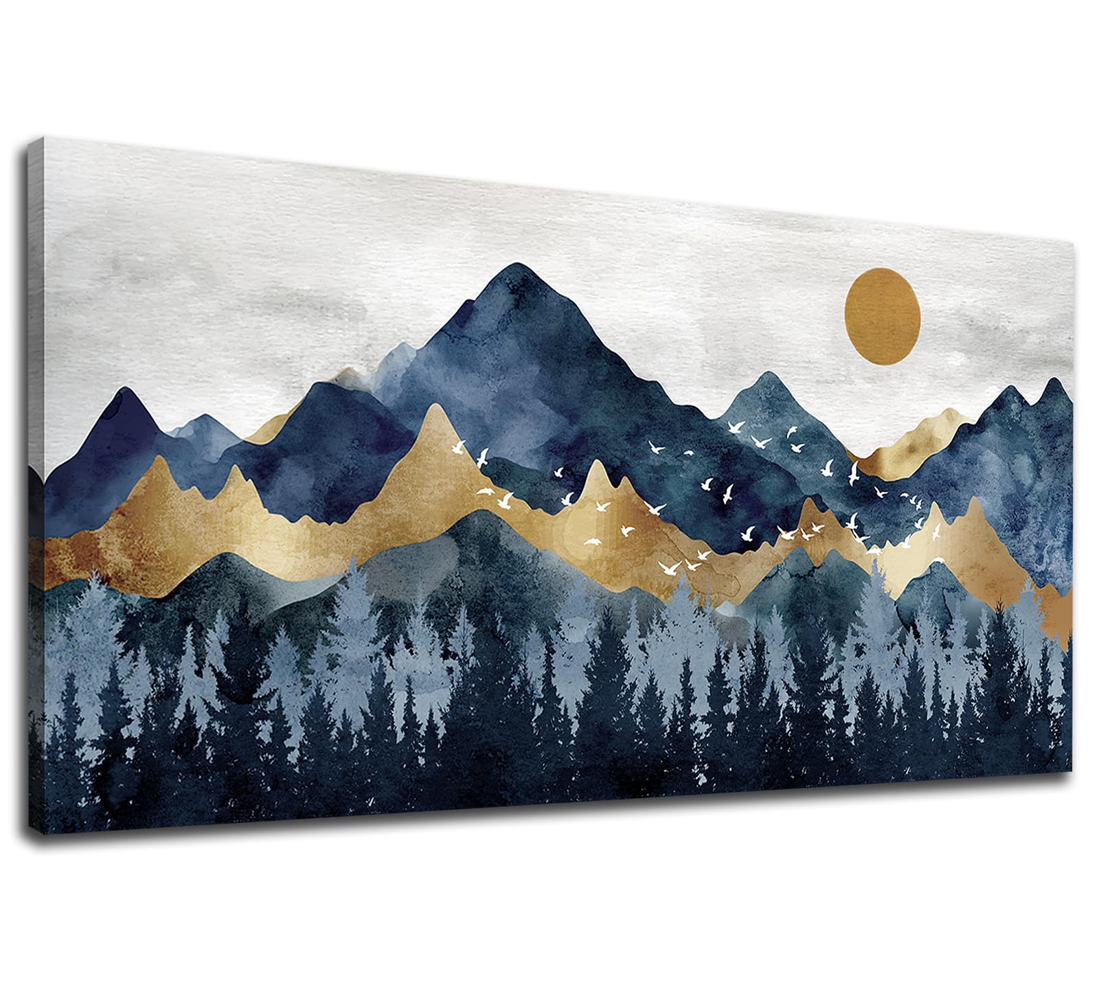 Abstract Nordic Canvas Wall Art - Indigo Blue and Gold Mountain Forest Picture Wall Decor Sun Birds Canvas Painting Nature Landscape Prints Artwork for Living Room Bedroom Decoration 20" x 40"