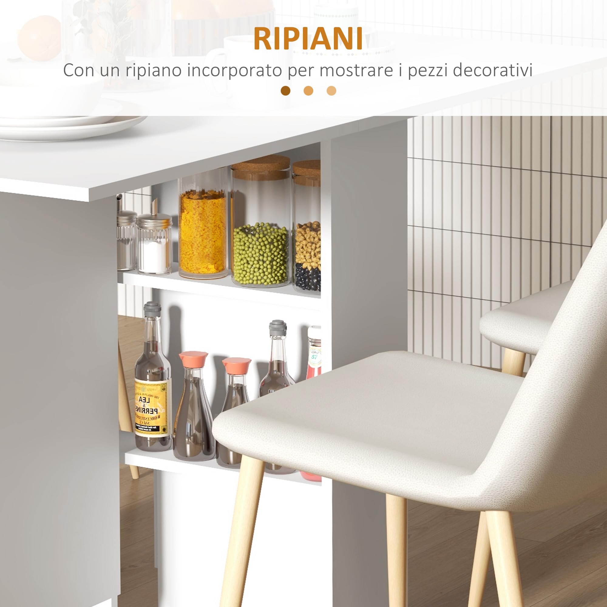 HOMCOM Tavolo da Pranzo Pieghevole, Tavolo Cucina a Ribalta con Ruote a Freno per 4-6 Persone, Scrivania Richiudibile con Ripiani, per Soggiorno, 140x80x74 cm, Bianco