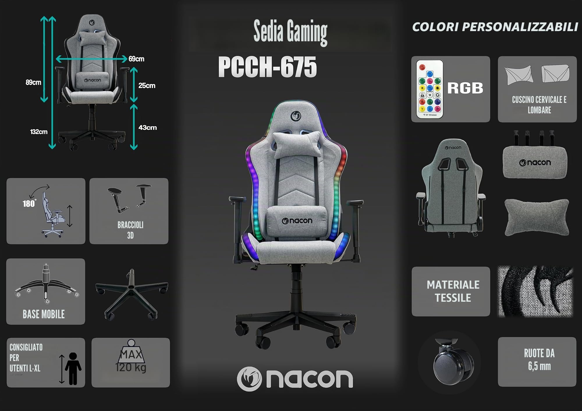 NACON CH-675 RGB Gaming-Sessel grau/schwarz bis 120 kg ergonomisch (NA601412)